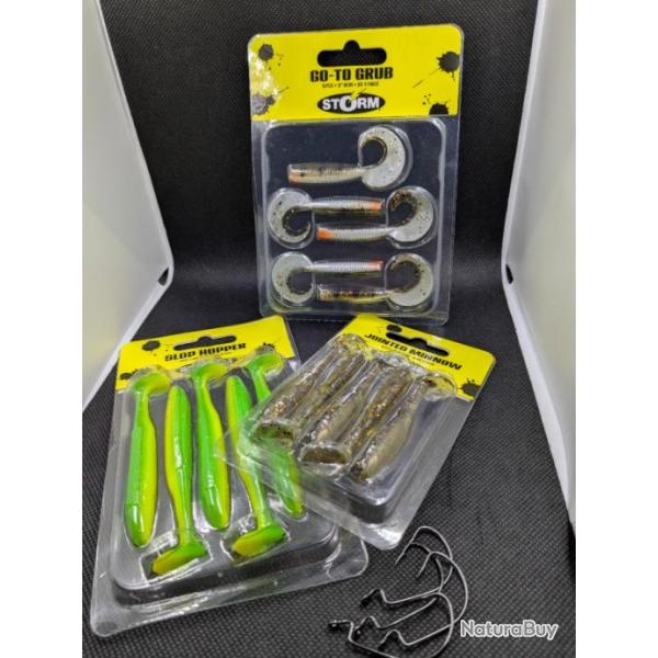 STORM GO-TO-GRUB + SLOP HOPPER + JOINTED MINNOW+ 5 hameons VMC texan 1/0 offert .