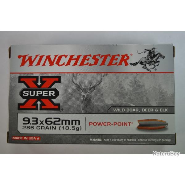 1 BOITE DE 20 MUNITIONS WINCHESTER CALIBRE 9.3X62 POWERPOINT 286GR/18.5G NEUVE