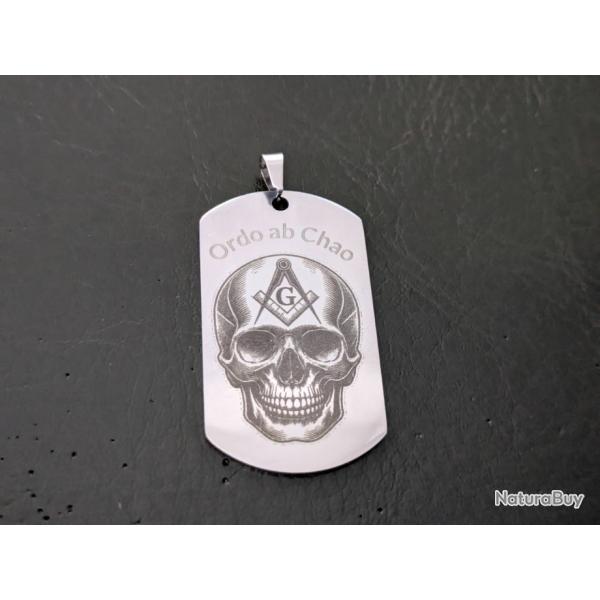 Pendentif plaque militaire inox Tte de mort symbole maonnique franc-maconnerie