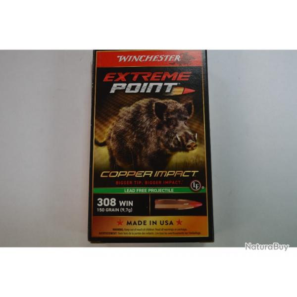 1 BOITE DE 20 MUNITIONS WINCHESTER CALIBRE 308 WIN EXTREME POINT COPPER IMPACT 150GR /9.7G NEUVE