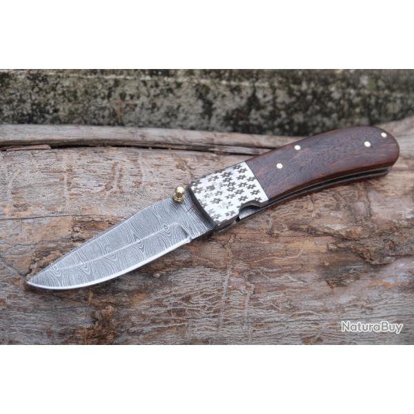 Beau Couteau Damas Lame Drop Point Acier 128 Couches Manche Bois Linerlock Fabrication Artisanale