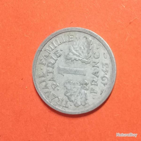 Pice de 1 franc 1943 floqu tat franais travail famille patrie