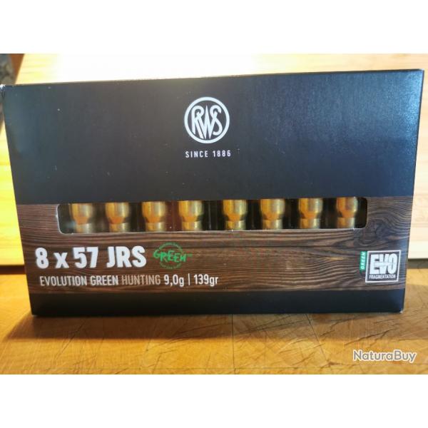 VENDS 1 BOITE COMPLETE DE 20 MUNITIONS 8X57JRS  RWS EVOLUTION GREEN  9,0g / 139GR