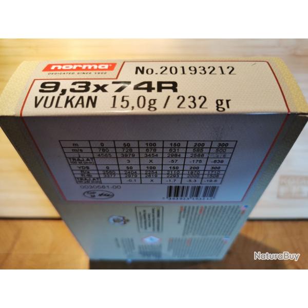 BOITE COMPLETE DE 20 MUNITIONS NORMA  9,3X74R  OGIVE VULKAN  15,0g / 232GR