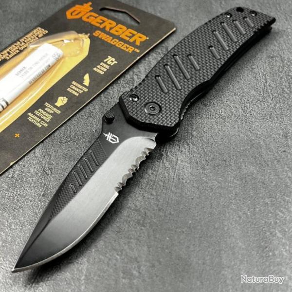 Couteau Tactical Gerber Swagger Lame Acier 7Cr17MoV Serrat Manche G-10 Framelock Clip