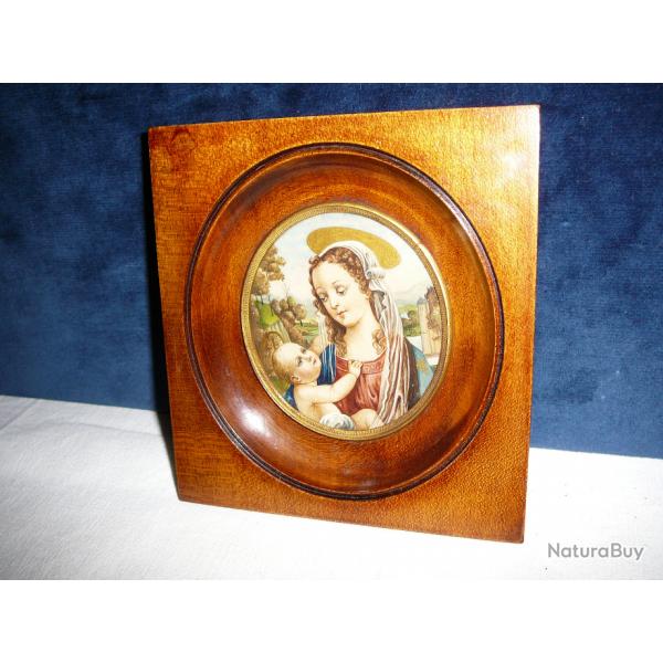 Peinture portrait cadre ancien Vierge Enfant sur ivoire sign