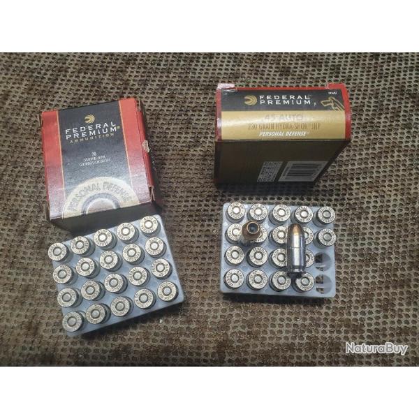 lot de 2 boites soit 40 cartouches FEDERAL de calibre 45 ACP  balle HYDRA SHOK JHP de 230 grain