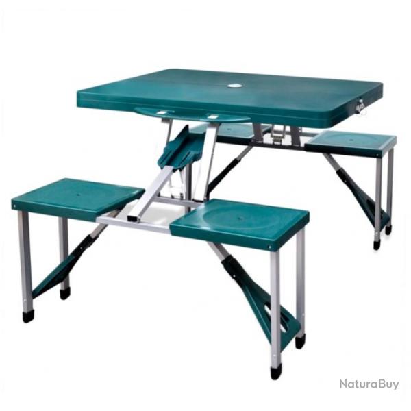 Ensemble table de camping pliable avec 4 tabourets - Aluminium - Vert