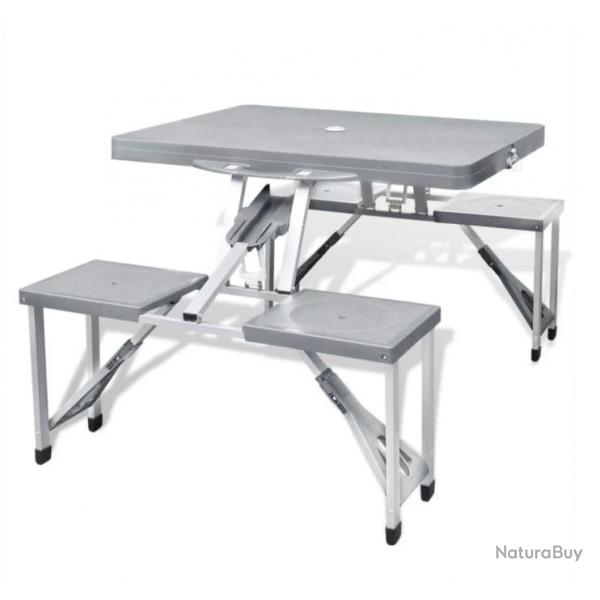 Ensemble table de camping pliable avec 4 tabourets - Aluminium - Gris