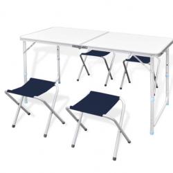 Ensemble table de camping pliable avec 4 tabourets - Hauteur réglable - 120x60 cm