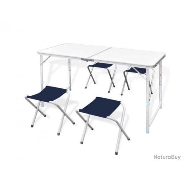 Ensemble table de camping pliable avec 4 tabourets - Hauteur rglable - 120x60 cm