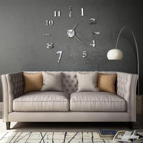 Horloge murale 3D Design moderne 100 cm XXL Argent alsavelo