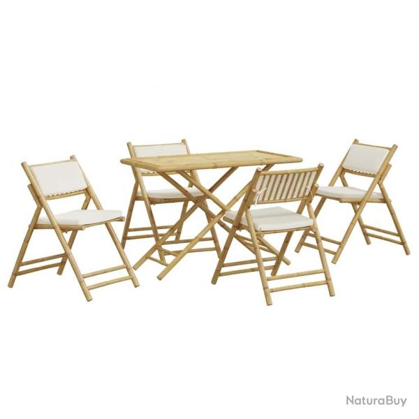 bistro pliante 5 pcs et coussins blanc crme bambou alsavelo