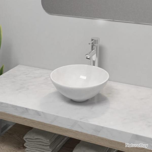 Lavabo de salle de bain avec mitigeur Cramique Rond Blanc