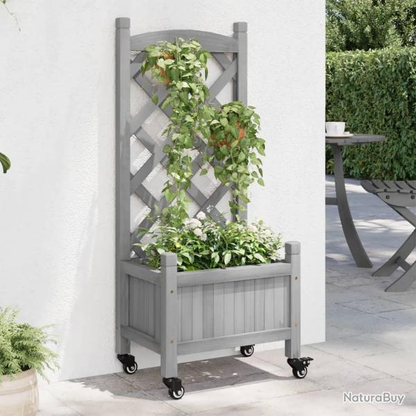 Jardinire avec treillis et roues gris bois massif de sapin alsavelo