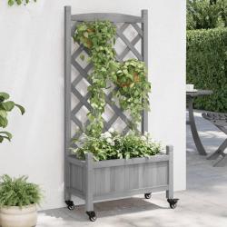 Jardinière avec treillis et roues gris bois massif de sapin alsavelo