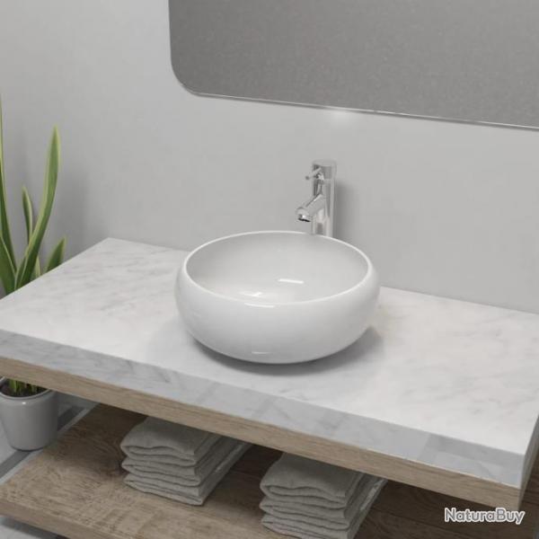 Lavabo de salle de bain avec mitigeur Cramique Rond Blanc alsavelo