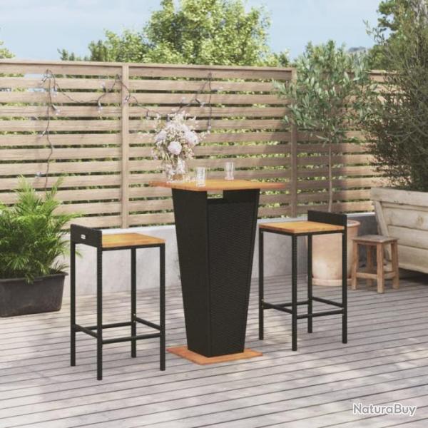 bar jardin 3 pcs noir poly rotin/bois massif acacia