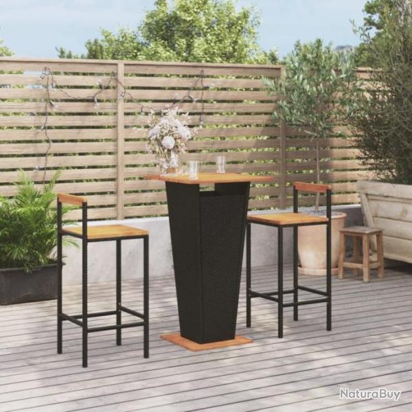 bar jardin 3 pcs noir poly rotin/bois massif acacia