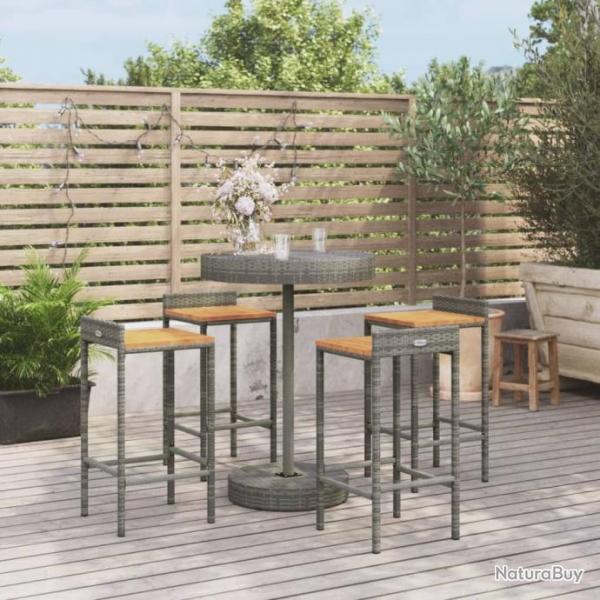 bar jardin 5 pcs gris poly rotin/bois massif acacia