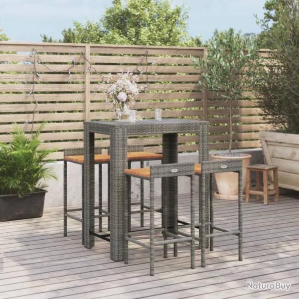 bar jardin 5 pcs gris poly rotin/bois massif acacia