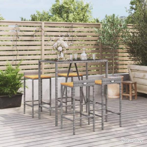 bar jardin 5 pcs gris poly rotin/bois massif acacia