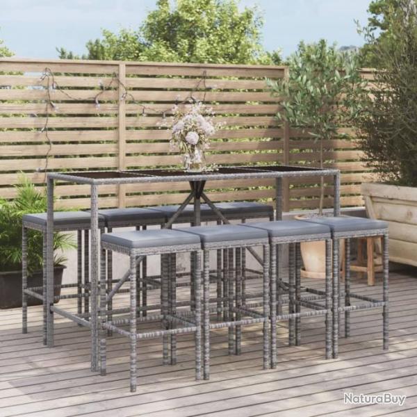 bar de jardin 9 pcs avec coussins gris poly rotin