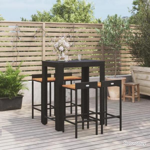 bar jardin 5 pcs noir poly rotin/bois massif acacia