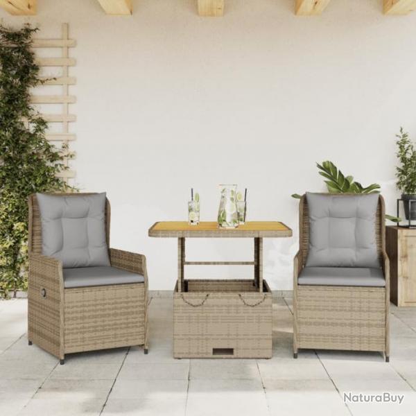 bistro 3 pcs avec coussins beige rsine tresse