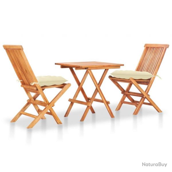 bistro 3 pcs avec coussins blanc crme Bois de teck alsavelo