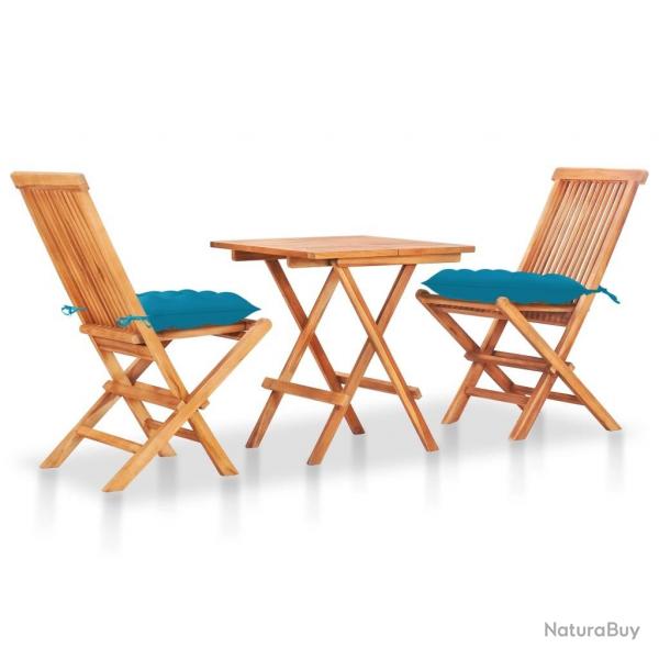 bistro 3 pcs avec coussins bleu clair Bois de teck alsavelo