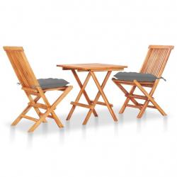 bistro 3 pcs avec coussins gris Bois de teck massif alsavelo