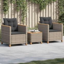 bistro 3 pcs et coussins gris résine tressée acacia alsavelo