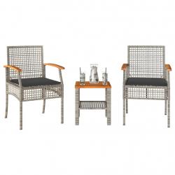 bistro 3 pcs et coussins gris résine tressée acacia alsavelo