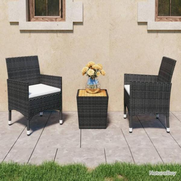 bistro 3 pcs Rsine tresse et bois d'acacia Noir alsavelo