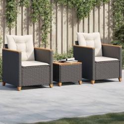 bistro 3 pcs et coussins noir résine tressée acacia alsavelo