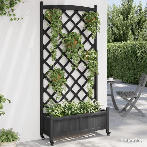 Jardinire avec treillis et roues noir bois massif de sapin alsavelo