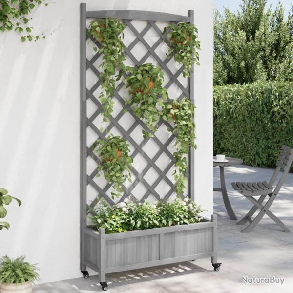 Jardinire avec treillis et roues gris bois massif de sapin alsavelo