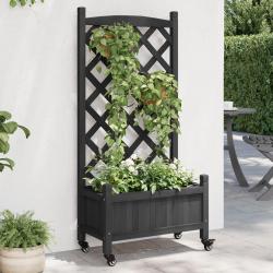 Jardinière avec treillis et roues noir bois massif de sapin alsavelo