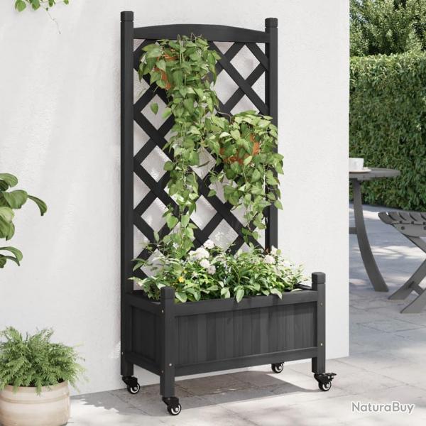 Jardinire avec treillis et roues noir bois massif de sapin alsavelo