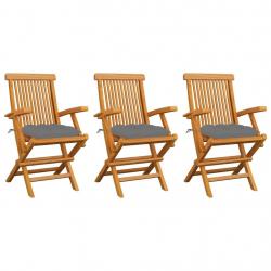 Chaises de jardin avec coussins gris lot de 3 Bois teck massif alsavelo