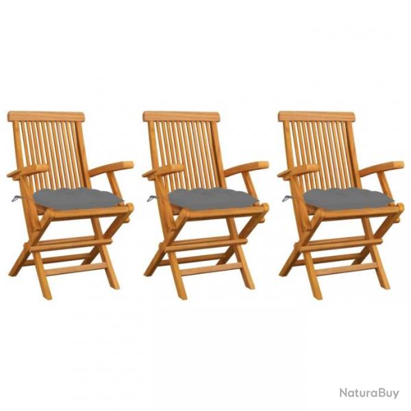 Chaises de jardin avec coussins gris lot de 3 Bois teck massif