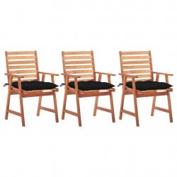 Chaises à manger d'extérieur lot de 3 et coussins Acacia massif alsavelo