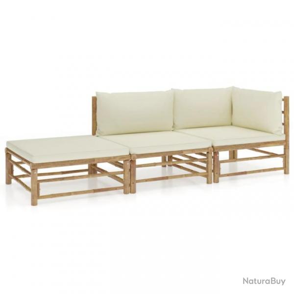 Salon de jardin 3 pcs avec coussins blanc crme bambou