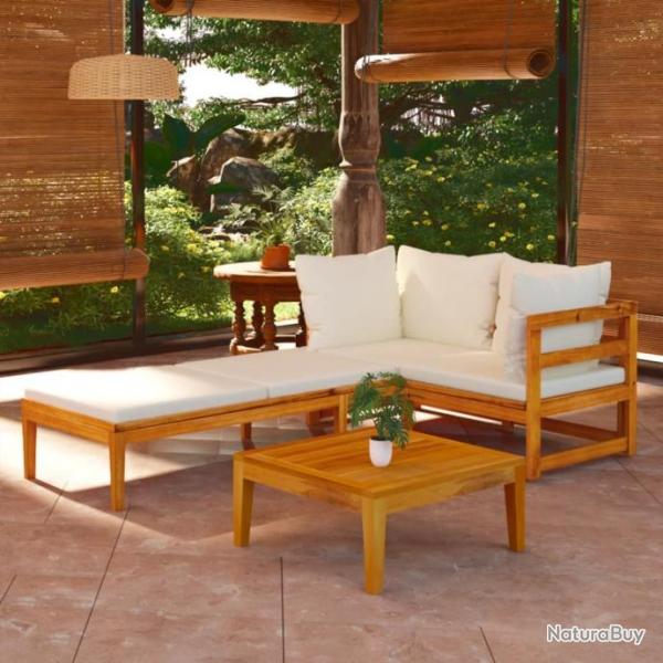 Salon de jardin 3 pcs avec coussins blanc crme Bois d'acacia