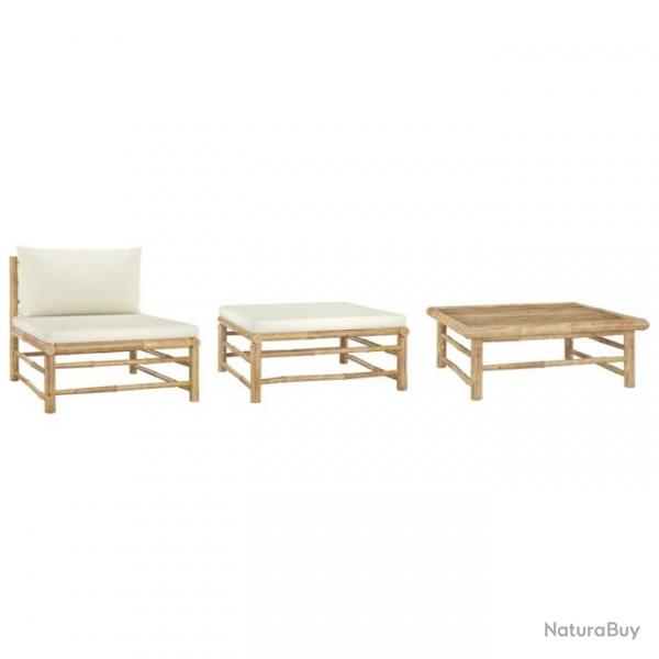 Salon de jardin 3 pcs avec coussins blanc crme Bambou