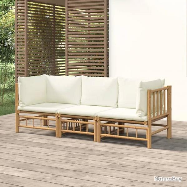 Salon de jardin 3 pcs avec coussins blanc crme bambou