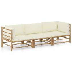 Salon de jardin 3 pcs avec coussins blanc crème bambou