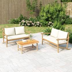 Salon de jardin 3 pcs avec coussins blanc crème bambou alsavelo