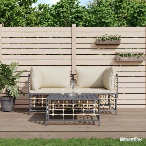 Salon de jardin 3 pcs avec coussins anthracite rsine tresse